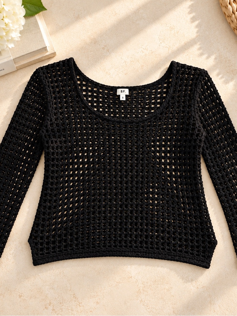 POL Black Open-Weave Scoop Neck Cropped Sweater